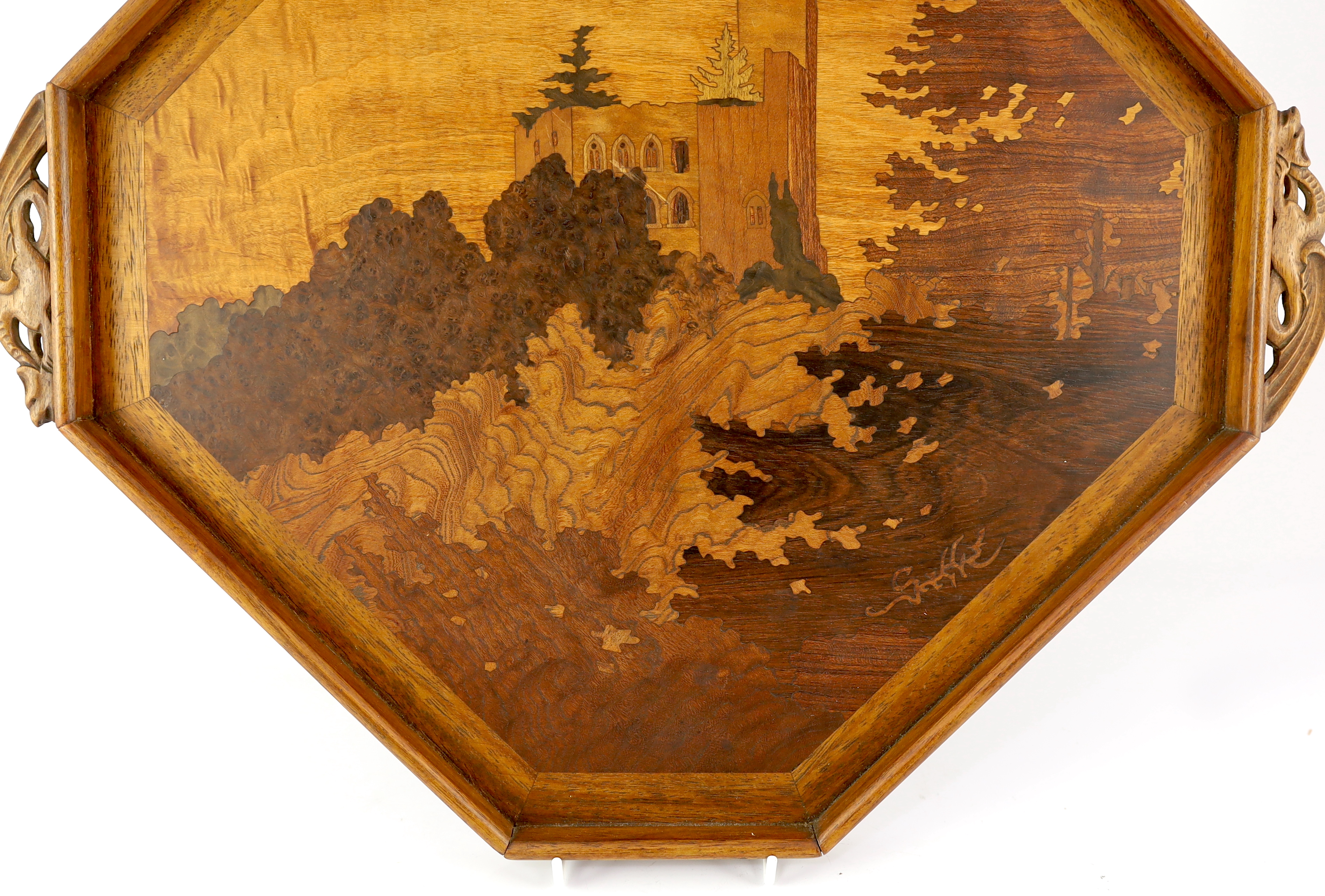 Émile Gallé (1846-1904). A marquetry tray with carved lizard handles